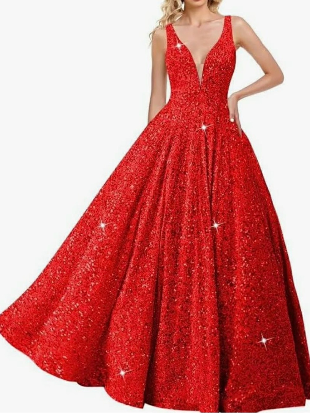 Red Sparkle V-Neck Evening Ball Gown Dress